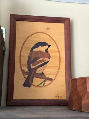 Vtg Hudson River Inlay Wood Marquetry Chickadee Art - Signed Nelson Rare/Collect